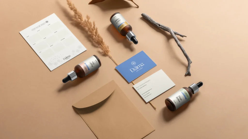 Flat lay de productos y papelería Dalma