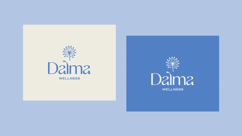 Logo de Dalma Wellness en tarjetas crema y azul