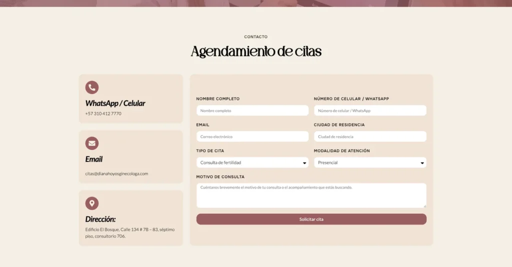 Sitio web Dra. Diana Hoyos: agenda