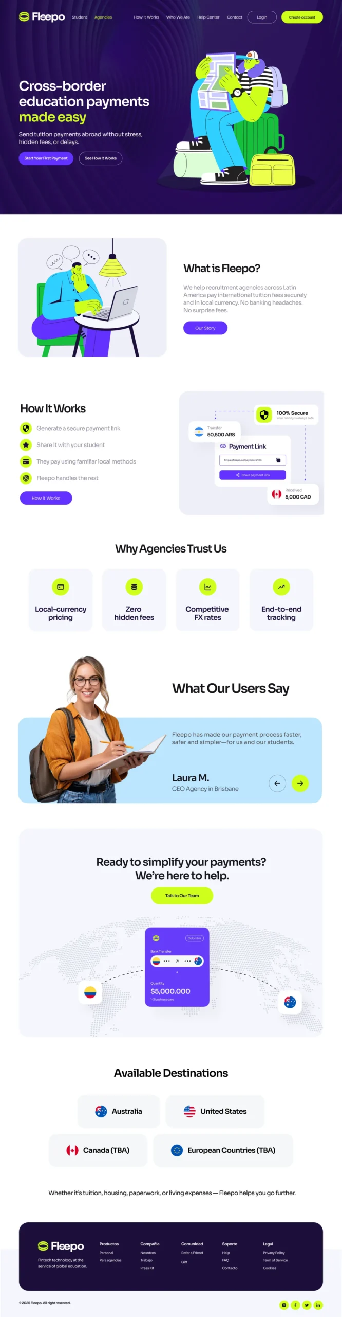 Diseño web de Fleepo en escritorio, página home
