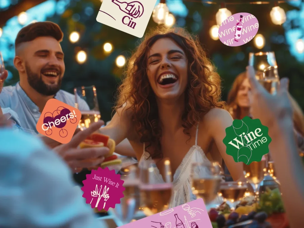 Amigos brindando con stickers de More Wine Please