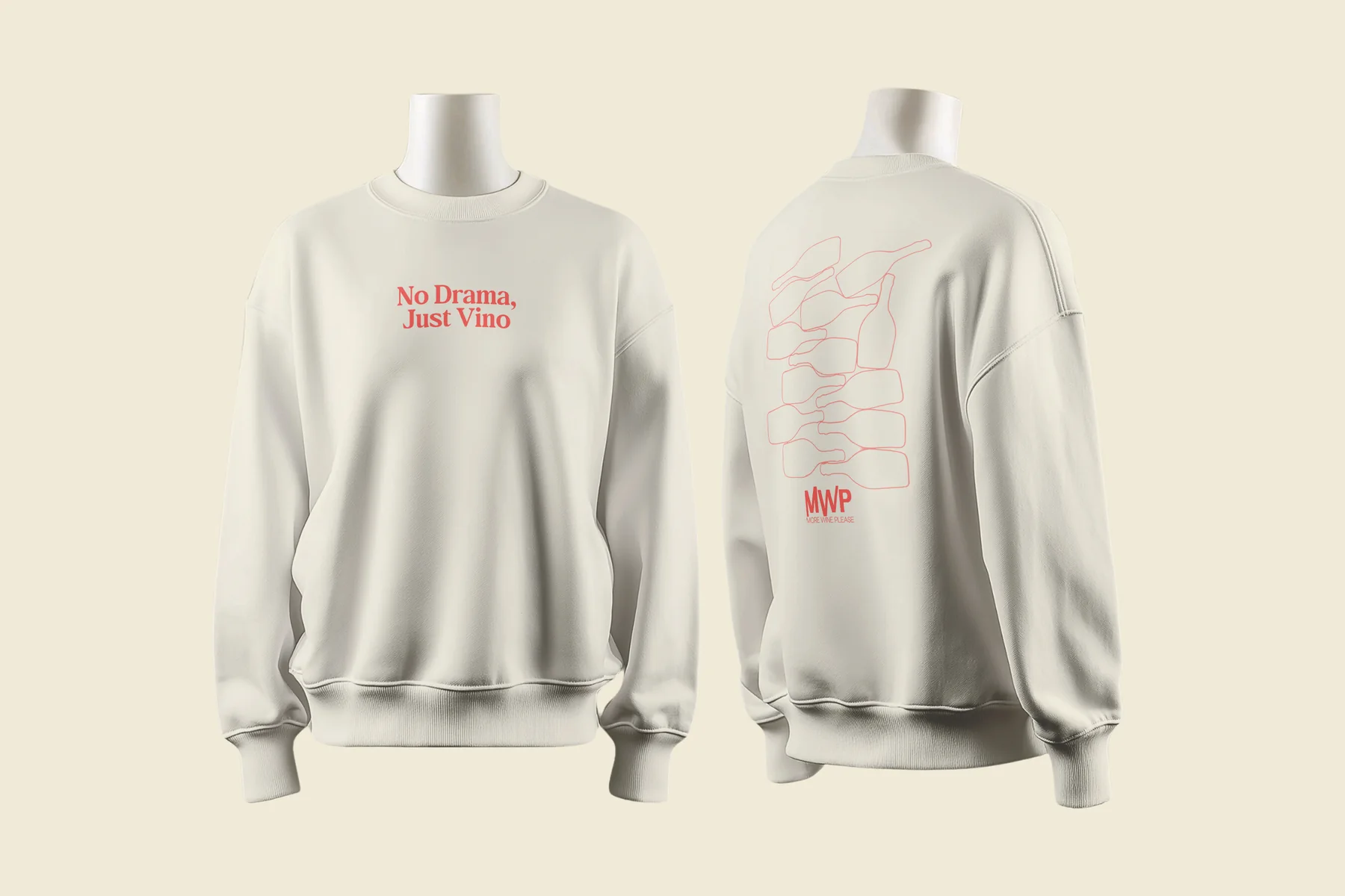 Buzo beige More Wine Please frente y espalda con ilustraciones