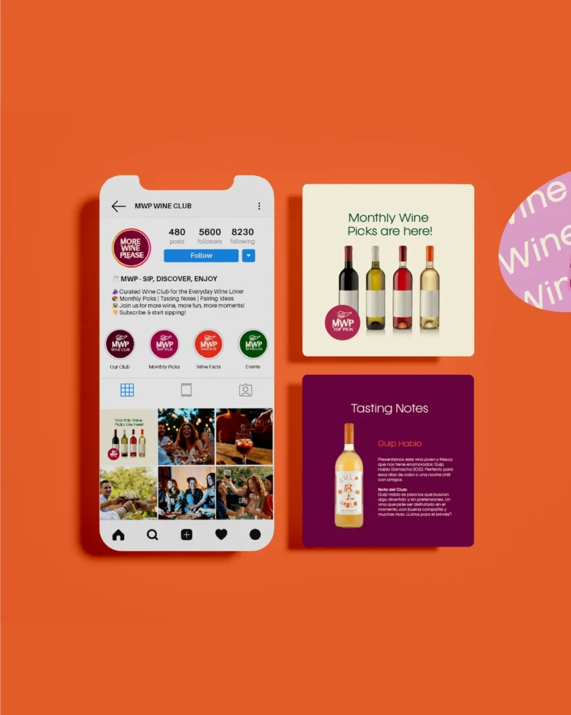 Perfil de Instagram de More Wine Please con formatos Wine Picks y Tasting Notes